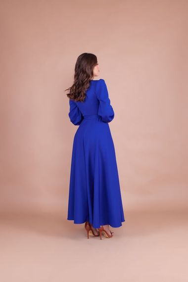 Women's Double Breasted Collar Long Sleeve Belted Maxi Dress - SAX BLUE - photo 5