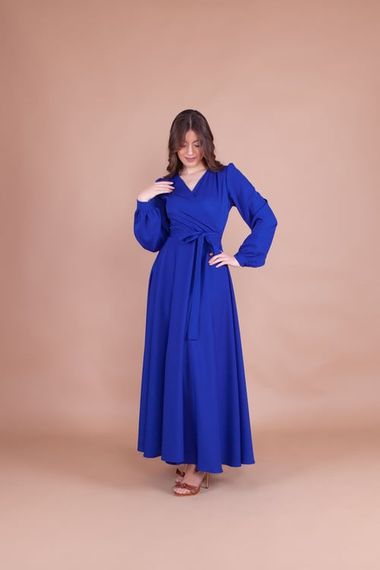 Women's Double Breasted Collar Long Sleeve Belted Maxi Dress - SAX BLUE - photo 4