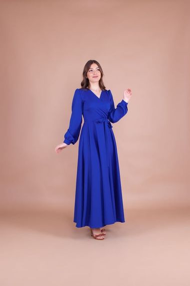 Women's Double Breasted Collar Long Sleeve Belted Maxi Dress - SAX BLUE - photo 3