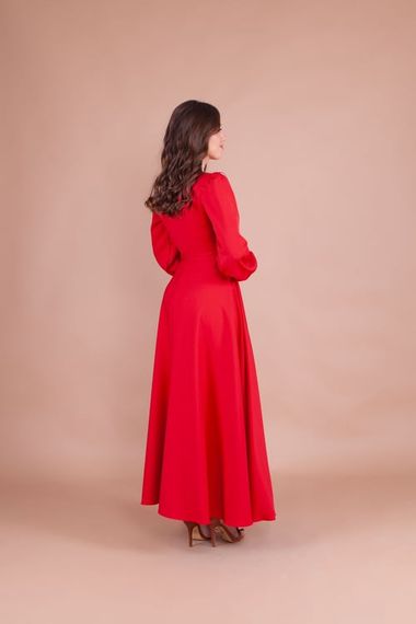 Women's Double Breasted Collar Long Sleeve Belted Maxi Dress - RED - photo 5