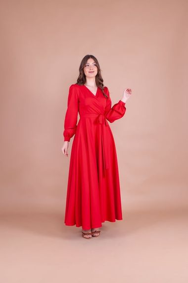 Women's Double Breasted Collar Long Sleeve Belted Maxi Dress - RED - photo 1