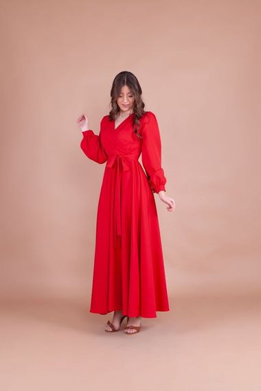 Women's Double Breasted Collar Long Sleeve Belted Maxi Dress - RED - photo 2