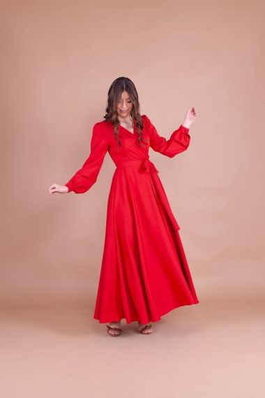 Women's Double Breasted Collar Long Sleeve Belted Maxi Dress - RED - photo 3