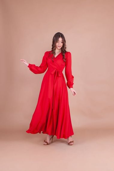 Women's Double Breasted Collar Long Sleeve Belted Maxi Dress - RED - photo 4