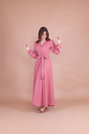 Women's Double Breasted Collar Long Sleeve Belted Maxi Dress - DRIED ROSE - photo 1