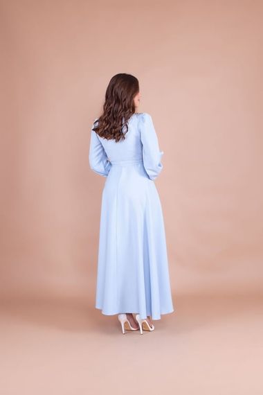 Women's Double Breasted Collar Long Sleeve Belted Maxi Dress - BABY BLUE - photo 5