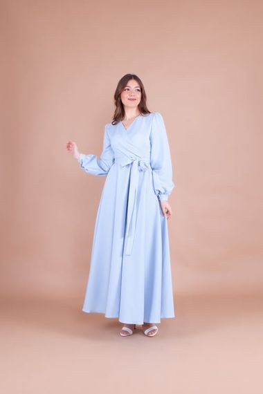 Women's Double Breasted Collar Long Sleeve Belted Maxi Dress - BABY BLUE - photo 1