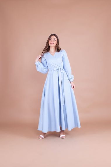 Women's Double Breasted Collar Long Sleeve Belted Maxi Dress - BABY BLUE - photo 3