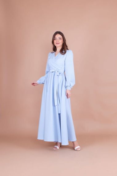 Women's Double Breasted Collar Long Sleeve Belted Maxi Dress - BABY BLUE - photo 4