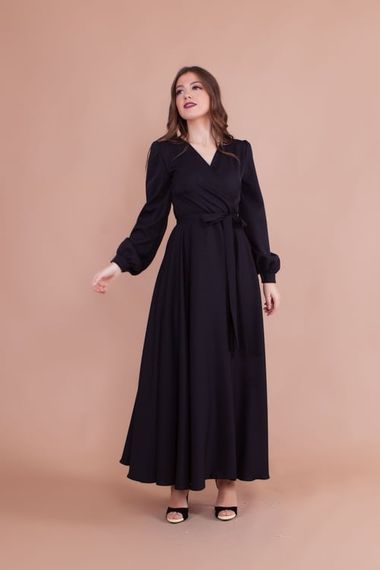 Women's Double Breasted Collar Long Sleeve Belted Maxi Dress - BLACK - photo 1