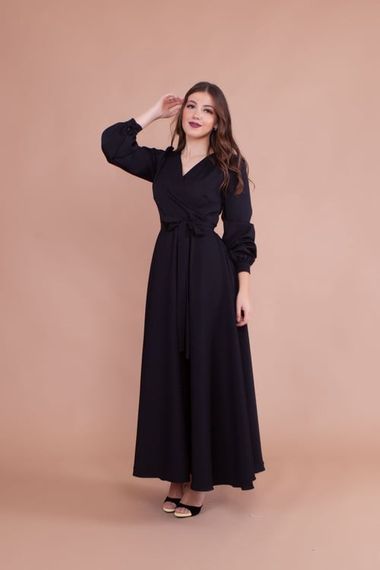 Women's Double Breasted Collar Long Sleeve Belted Maxi Dress - BLACK - photo 2