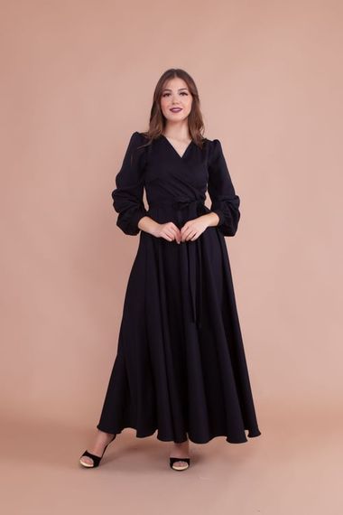 Women's Double Breasted Collar Long Sleeve Belted Maxi Dress - BLACK - photo 3