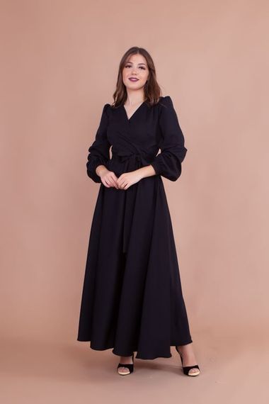 Women's Double Breasted Collar Long Sleeve Belted Maxi Dress - BLACK - photo 4