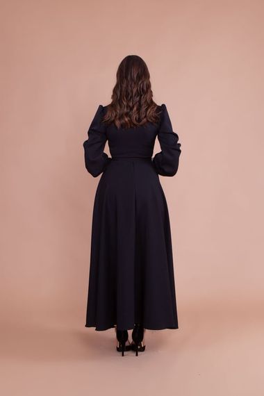 Women's Double Breasted Collar Long Sleeve Belted Maxi Dress - BLACK - photo 5