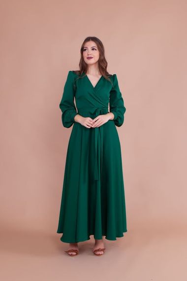 Women's Double Breasted Collar Long Sleeve Belted Maxi Dress - EMERALD - photo 1