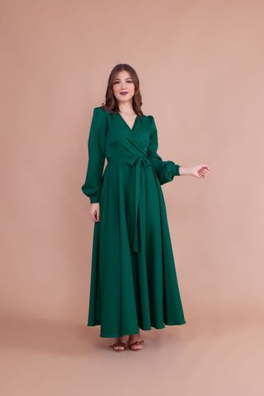 Women's Double Breasted Collar Long Sleeve Belted Maxi Dress - EMERALD - photo 4