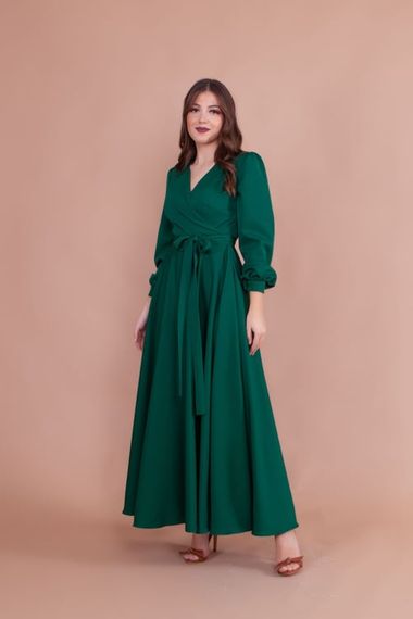 Women's Double Breasted Collar Long Sleeve Belted Maxi Dress - EMERALD - photo 3