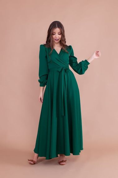 Women's Double Breasted Collar Long Sleeve Belted Maxi Dress - EMERALD - photo 2