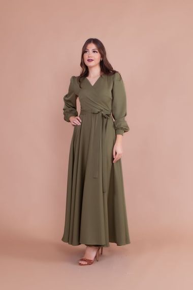 Women's Double Breasted Collar Long Sleeve Belted Maxi Dress - KHAKI - photo 4