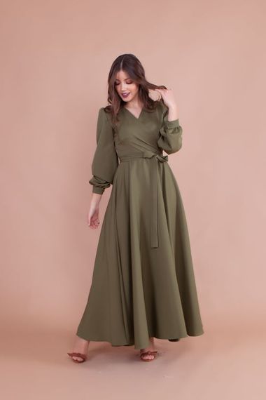 Women's Double Breasted Collar Long Sleeve Belted Maxi Dress - KHAKI - photo 1