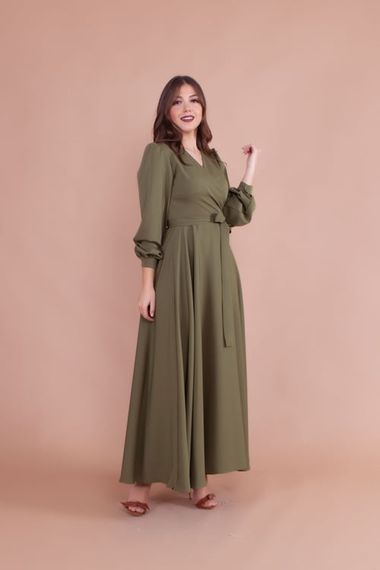 Women's Double Breasted Collar Long Sleeve Belted Maxi Dress - KHAKI - photo 3