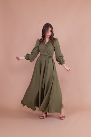 Women's Double Breasted Collar Long Sleeve Belted Maxi Dress - KHAKI - photo 5