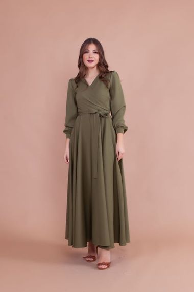 Women's Double Breasted Collar Long Sleeve Belted Maxi Dress - KHAKI - photo 2