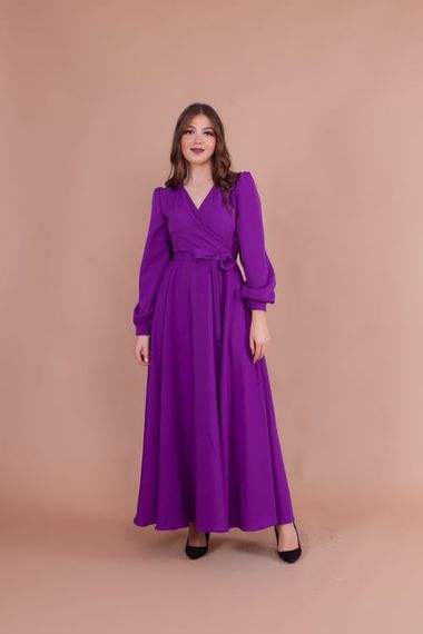 Women's Double Breasted Collar Long Sleeve Belted Maxi Dress - PURPLE - photo 3