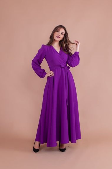 Women's Double Breasted Collar Long Sleeve Belted Maxi Dress - PURPLE - photo 1