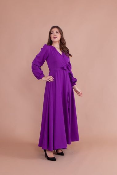 Women's Double Breasted Collar Long Sleeve Belted Maxi Dress - PURPLE - photo 2