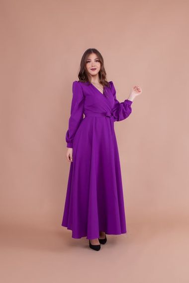 Women's Double Breasted Collar Long Sleeve Belted Maxi Dress - PURPLE - photo 4