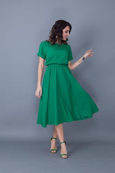 Women's Midi Length Elastic Waist Short Sleeve Dress - GRASS GREEN - photo 5