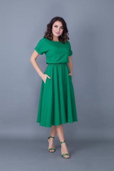 Women's Midi Length Elastic Waist Short Sleeve Dress - GRASS GREEN - photo 1