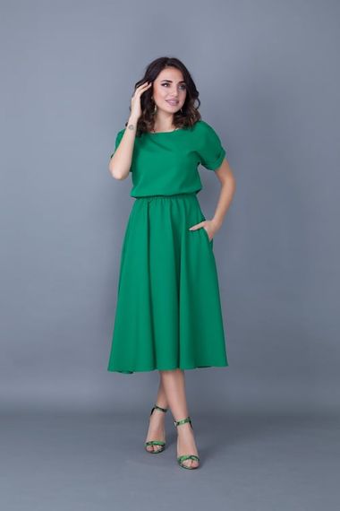 Women's Midi Length Elastic Waist Short Sleeve Dress - GRASS GREEN - photo 3