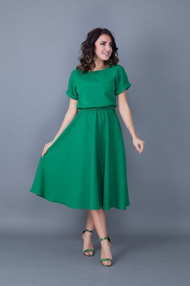 Women's Midi Length Elastic Waist Short Sleeve Dress - GRASS GREEN - photo 4