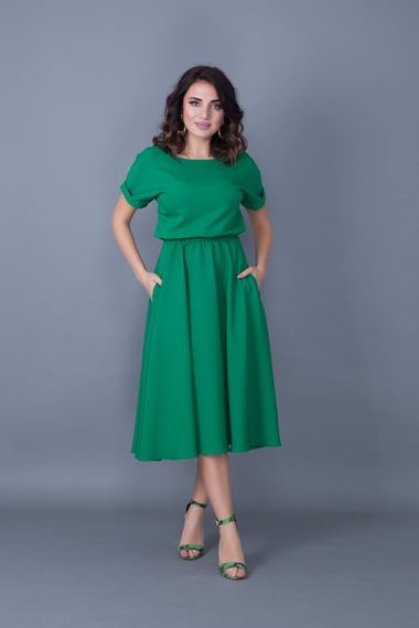 Women's Midi Length Elastic Waist Short Sleeve Dress - GRASS GREEN - photo 2