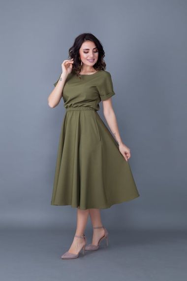 Women's Midi Length Elastic Waist Short Sleeve Dress - KHAKI - photo 2