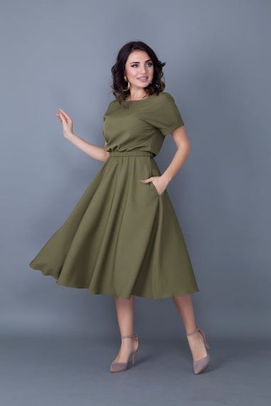 Women's Midi Length Elastic Waist Short Sleeve Dress - KHAKI - photo 1