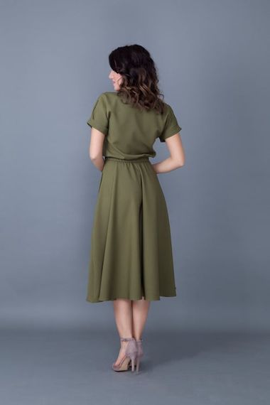 Women's Midi Length Elastic Waist Short Sleeve Dress - KHAKI - photo 4