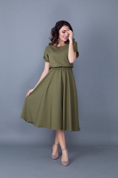 Women's Midi Length Elastic Waist Short Sleeve Dress - KHAKI - photo 3