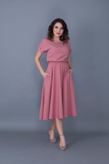 Women's Midi Length Elastic Waist Short Sleeve Dress - DRIED ROSE - photo 5