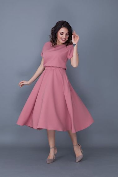 Women's Midi Length Elastic Waist Short Sleeve Dress - DRIED ROSE - photo 3