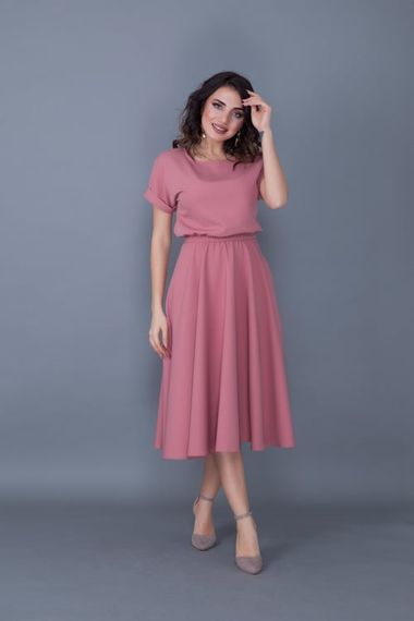 Women's Midi Length Elastic Waist Short Sleeve Dress - DRIED ROSE - photo 1