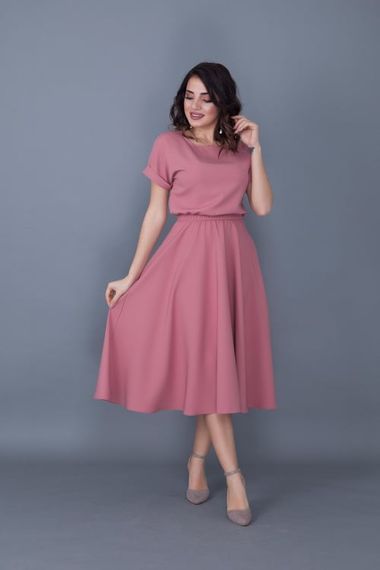 Women's Midi Length Elastic Waist Short Sleeve Dress - DRIED ROSE - photo 2