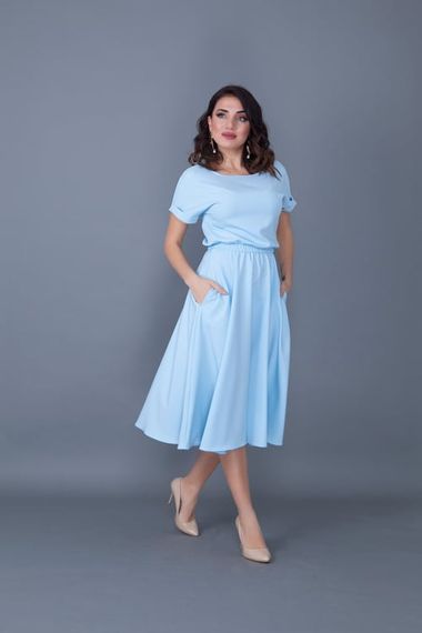 Women's Midi Length Elastic Waist Short Sleeve Dress - BABY BLUE - photo 3