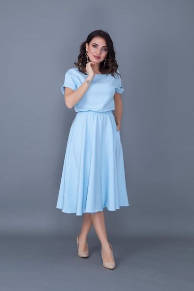 Women's Midi Length Elastic Waist Short Sleeve Dress - BABY BLUE - photo 1