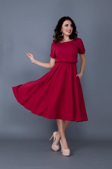 Women's Midi Length Elastic Waist Short Sleeve Dress - CLARET red - photo 3