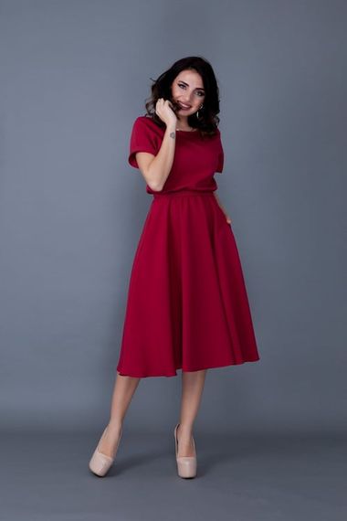 Women's Midi Length Elastic Waist Short Sleeve Dress - CLARET red - photo 2