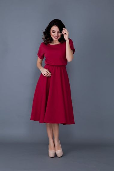 Women's Midi Length Elastic Waist Short Sleeve Dress - CLARET red - photo 1