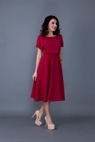 Women's Midi Length Elastic Waist Short Sleeve Dress - CLARET red - photo 4